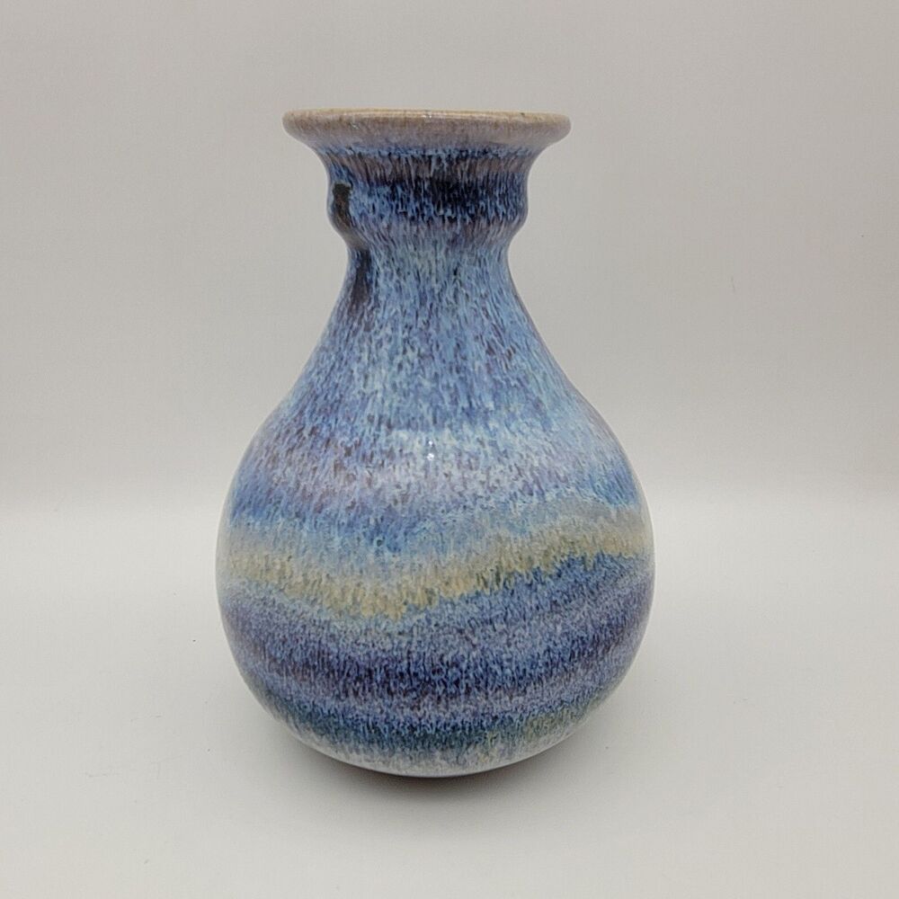 Vintage Signed Handmade Blue Ombre Glazed Clay Pottery Small Bud Flower Vase